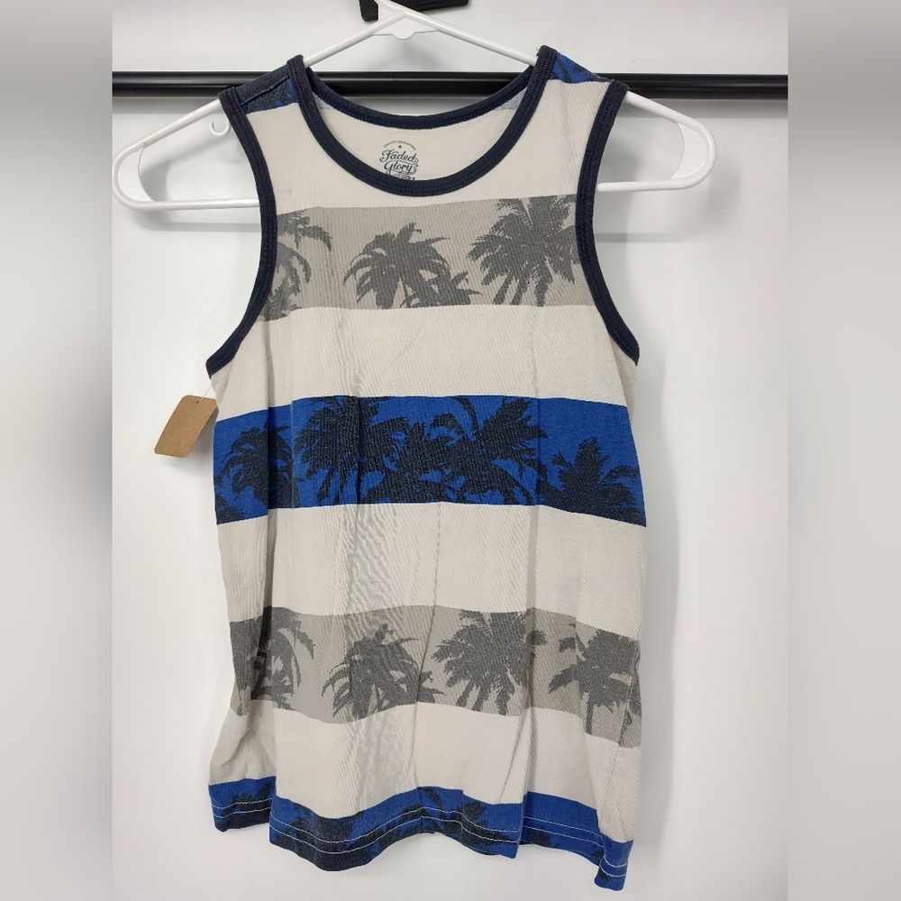 Faded Glory Kids Stripped Palm Tree Tank Top - Blue and Gray Size Large 10/12